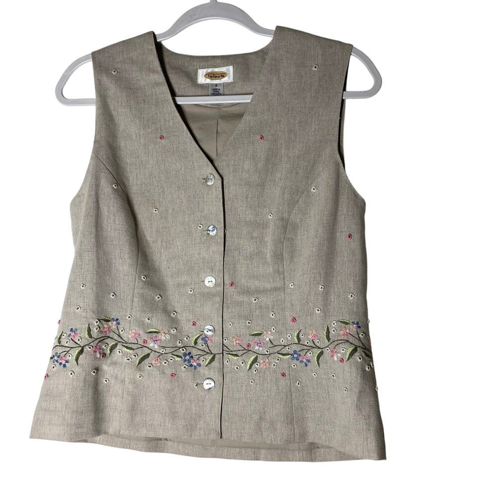 Talbots Embroidered Linen Blend Vest Womens Size 8 Beige Boho Floral